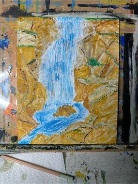 Blue Waterfall Canvas Painting with Gold Rock Accents